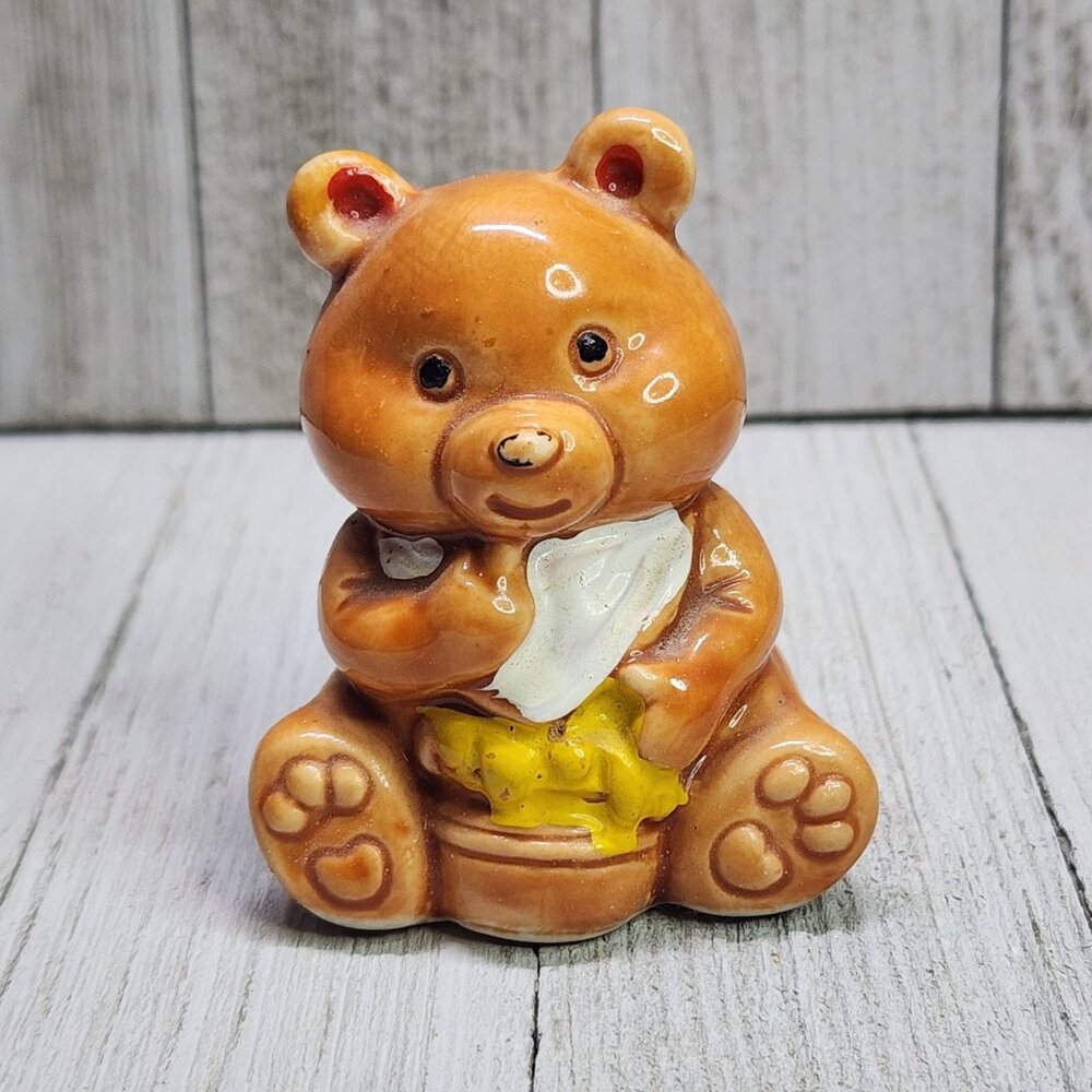 Vintage Teddy Bear Cub Toothpick Holder Ceramic Glazed 3'' JAPAN